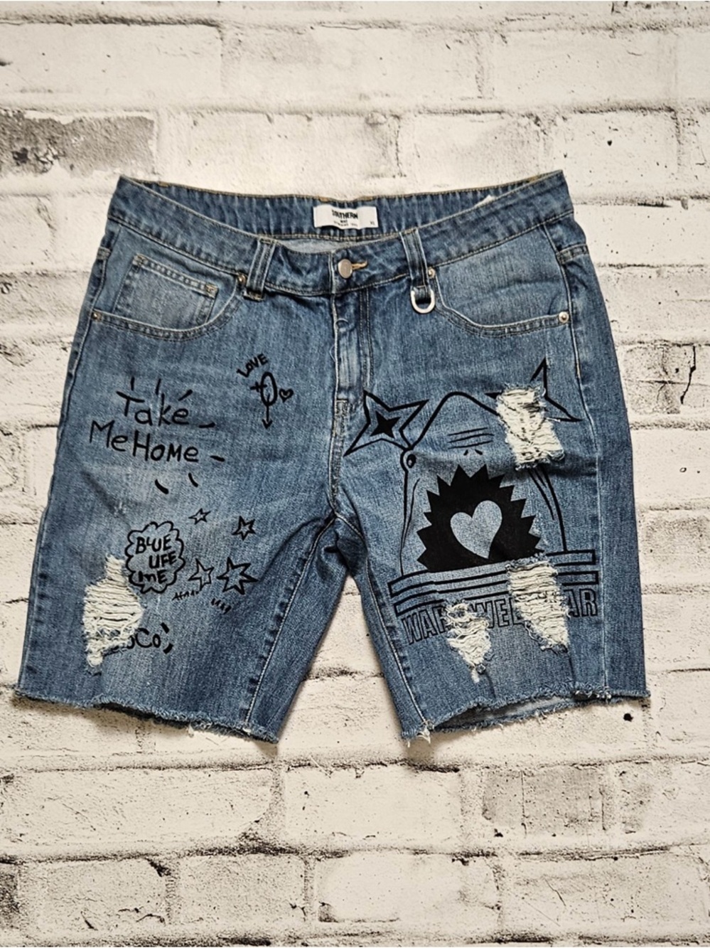 Southern Men’s Graphic Denim Shorts XL Distressed Streetwear Blue Jean Shorts